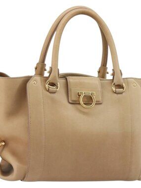 Salvatore Ferragamo Gancini Hand Bag Leather Beige Gold Auth hk2805